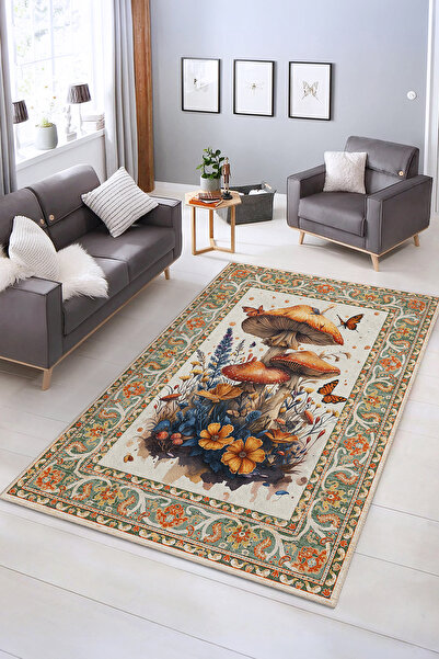 Realhomes Çiçek ve Mantar Desenli Yıkanabilir Kaymaz Taban Salon Halısı