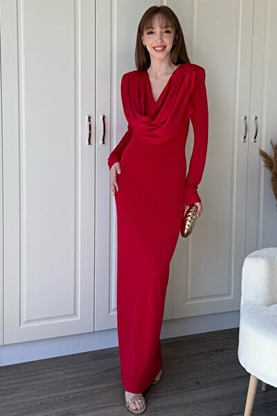 Vivis Degaje Yaka Omzu Vatkalı Peldire Kırmızı Kadın Elbise