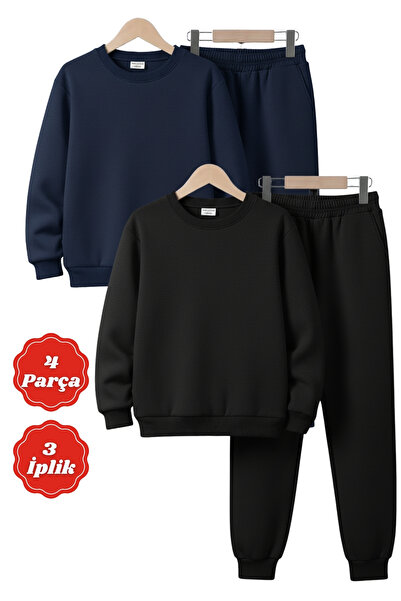 FYK KİDS 3-Ply Thick Sha Fleece-Lined Round Neck Plain Unprinted Winter 4-Piece Boys' Tracksuit Set