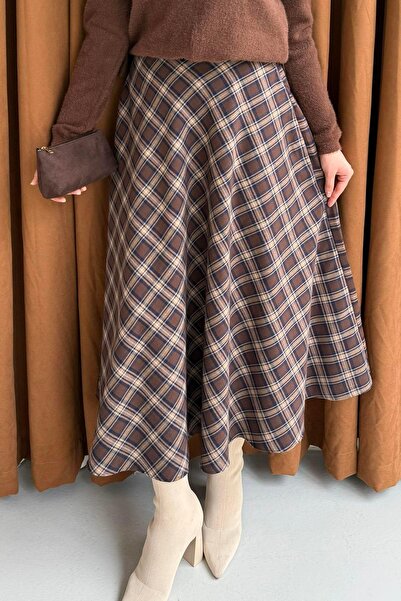 Modaensarbutik Ekose Desenli Verev Etek-LACİVERT