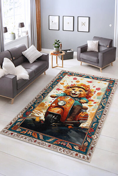 Realhomes Canlı Renkli Araba Süren Aslan Desenli Yıkanabilir Kaymaz Taban Sal...