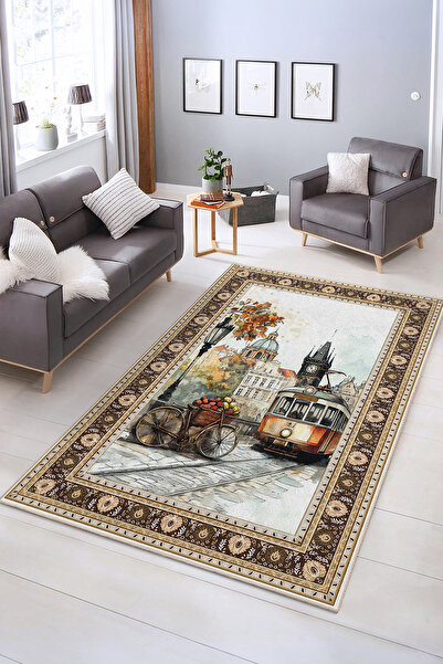Realhomes Renkli Tramvay ve Sepet Desenli Yıkanabilir Kaymaz Taban Salon Halısı
