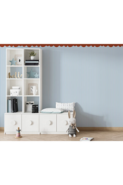 Tasarım Mavi İnce Şeritler ve Tente Desen Konsept Bebek & Çocuk Odası Duvar K...