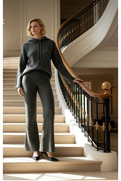 mor butik Women's Anthracite Hooded Slim F Corded Fabric Comfortable High Waist Wide Leg Young Suit Nt2828