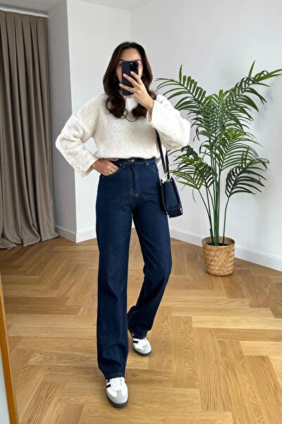 kleshus Zofya Den Kamelya Navy Blue Women's High Waist Palazzo Jeans, Stretch...