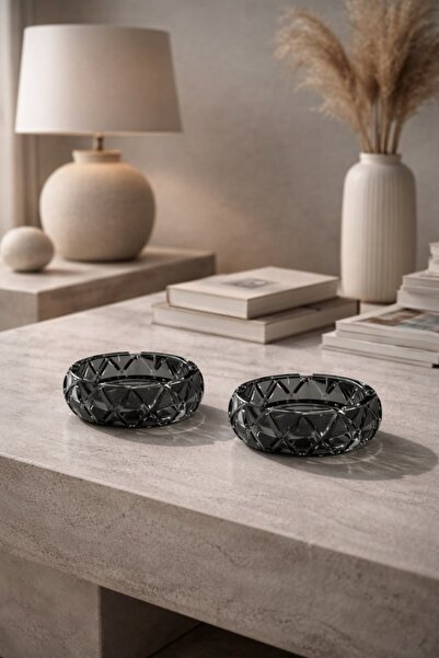 Anadolu Saray 2-Piece 10 cm Domed Crystal Gray Color Glass Ashtray – Stylish and Durable Decorative Design
