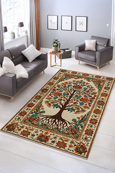 Realhomes Ağaç Desenli Yıkanabilir Kaymaz Taban Dekoratif Salon Halısı