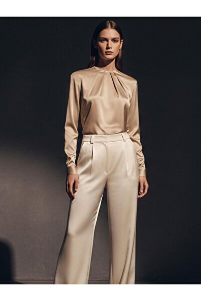 RİVUS Special Design Drawstring Collar Detailed Snap Button Body Blouse - Beige