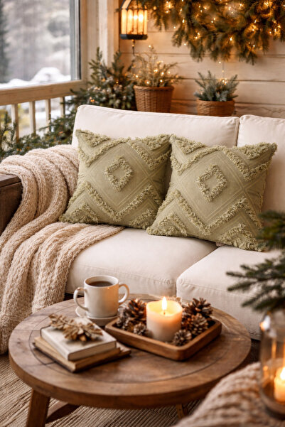 Halımax Cloud Plush Decorative Green 2-Piece Throw Pillow Cover Washable Desi...