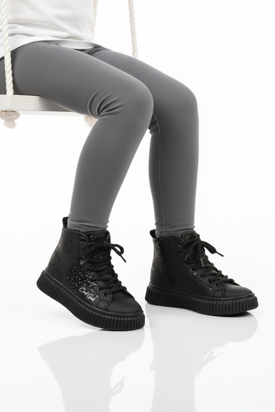 Cool حذاء بناتي أسود بسحاب وبطانة من الصوف ونعل غير قابل للانزلاق Aisha F