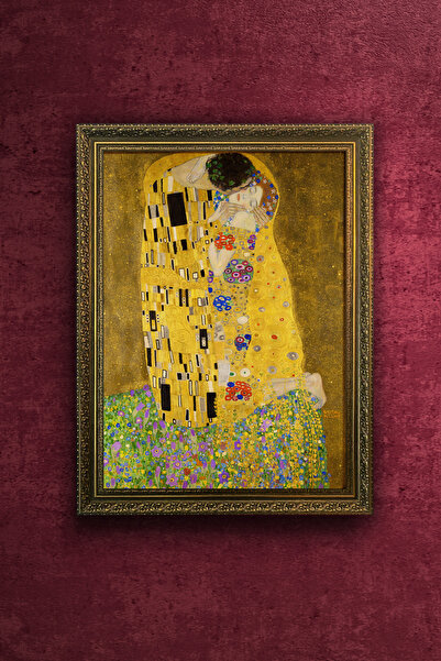FurelArt Gustav Klimt The Kiss Öpücük Tablosu - Vintage Desenli Çerçeve - Alt...