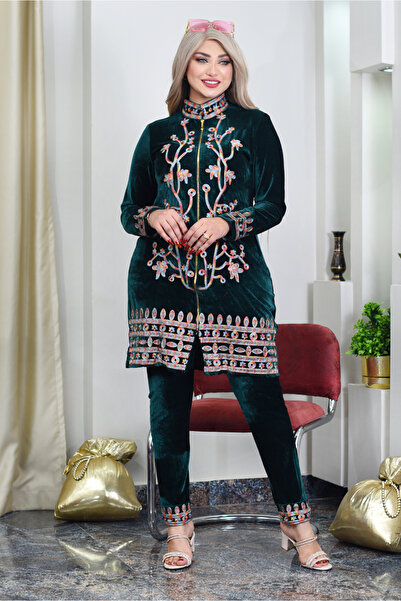 AsrymShop Winter tracksuit, long blouse, embroidered zipper, olive green