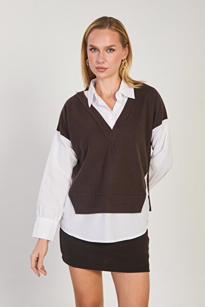BARRELS AND OIL قميص نسائي بقطع قماش مخيطة معاً بلوزة سالونيك - قهوة