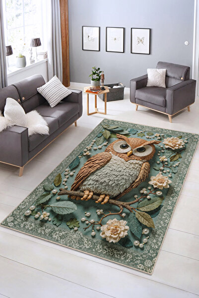 Realhomes Şirin Baykuş ve Çiçek Desenli Yıkanabilir Kaymaz Taban Salon Halısı