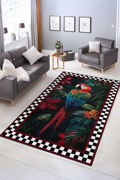 Realhomes Tropikal Kelebek ve Çiçek Desenli Yıkanabilir Kaymaz Taban Salon Ha...