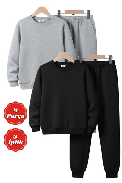 FYK KİDS 3-Ply Thick Sha Fleece-Lined Round Neck Plain Unprinted Winter 4-Piece Boys' Tracksuit Set