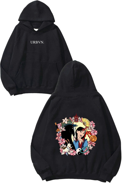 urbvn Mulan Design Printed Oversized Black Hooded Sweatshirt