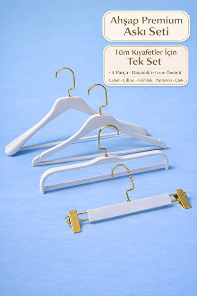 Onouqo Ahşap Beyaz Askı Seti | Tüm Kıyafetler İçin | Ceket , Elbise , Gömlek , Pantolon , Etek Askısı