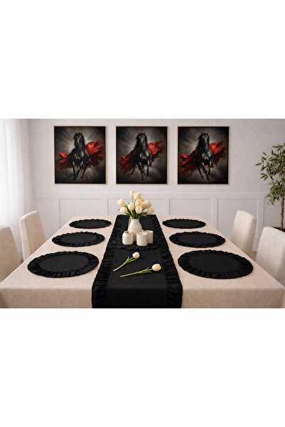 ÇIQRIK HOME 7 Parça Masa seti Siyah renk 6 Adet Amerikan Servisi Supla + 1 Adet Fırfırlı Runner - 40x110 cm