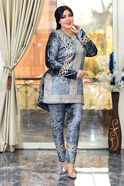 AsrymShop ترنج شتوي بلوزة طويلة مطرز خيوط لون رصاصي