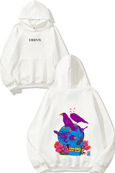 urbvn تصميم كوروكافا كوزبن مطبوع قصة فضفاضة سويت شيرت أبيض بغطاء رأس