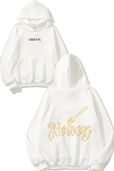 urbvn تصميم نص العسل مطبوع قصة فضفاضة سويت شيرت أبيض بغطاء رأس