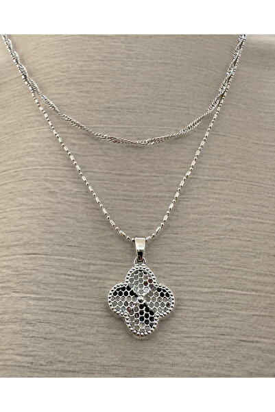 Samu Accessories قلادة فضية بتصميم موزاييك البرسيم مع سلسلة مزدوجة