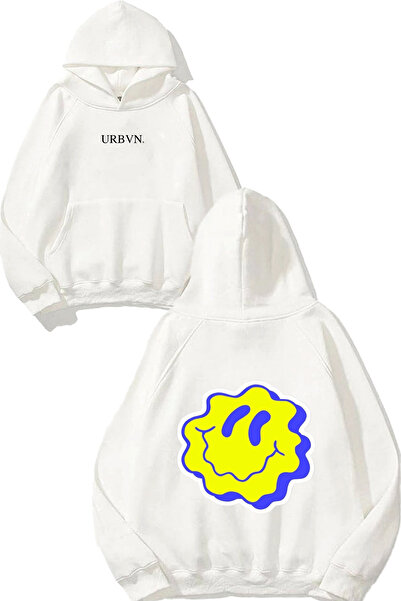 urbvn تصميم سمايلي ويف مطبوع قصة فضفاضة سويت شيرت أبيض بغطاء رأس