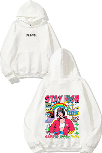 urbvn ستاي هاي هابي ديزاين مطبوع قصة فضفاضة سويت شيرت أبيض بغطاء رأس
