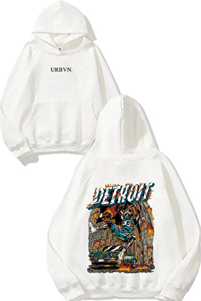 urbvn ديترويت ديزاين مطبوع قصة فضفاضة سويت شيرت أبيض بغطاء رأس