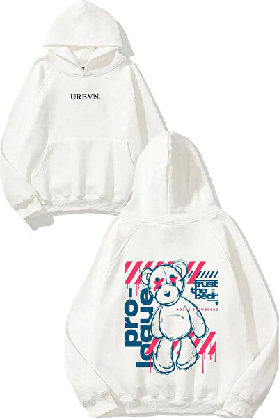 urbvn سترة تريت ذا بير ديزاين مطبوع قصة فضفاضة باللون الأبيض بغطاء رأس