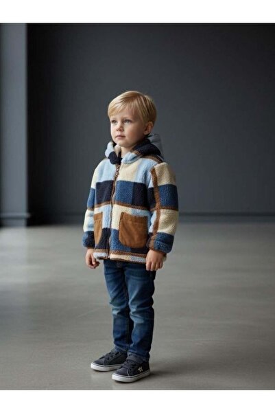 Zekids Boy's Plush Plaid Patterned Hooded Coat