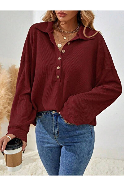 nedo7 Women's Long Sleeve Collared Buttoned Loose Waffle Blouse