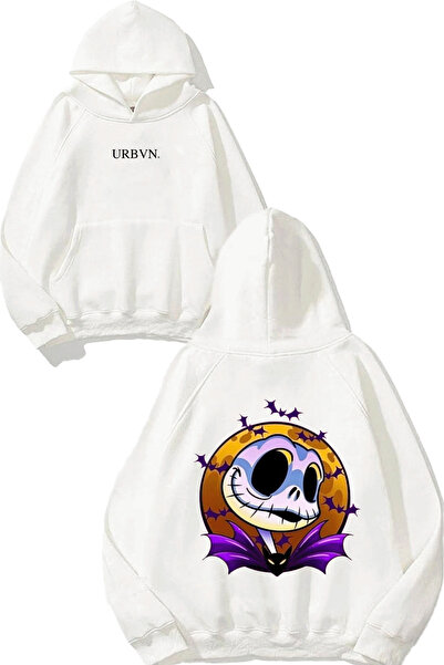urbvn تيم بيرتون ديزاين مطبوع قصة فضفاضة سويت شيرت أبيض بغطاء رأس