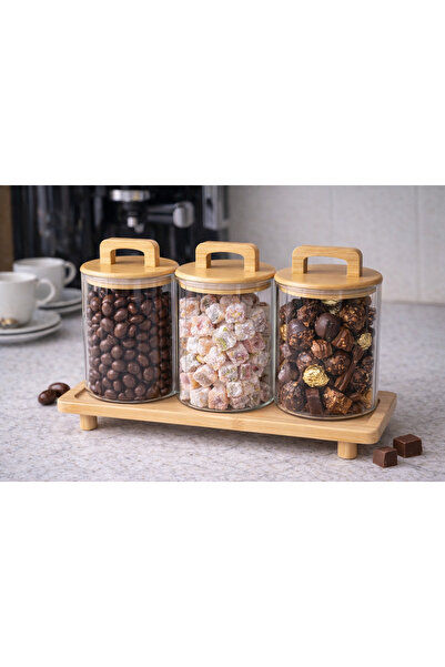 Durina Living 3-Piece Glass Jar with Stand, Bamboo Handle, and Lid 500 ml – S...