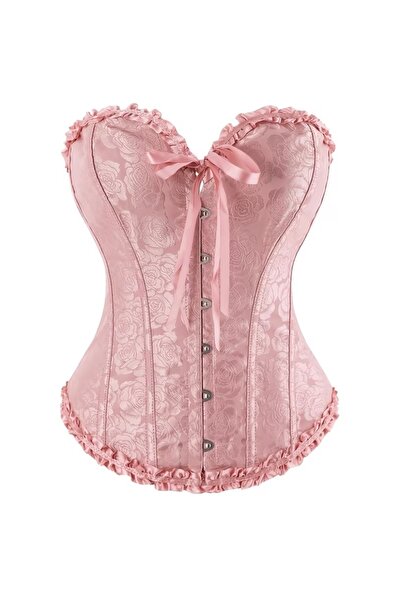Tual Pembe Kabartmalı Kurdele Detaylı Straplez Korse Büstiyer