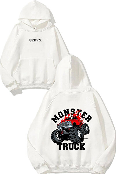 urbvn Red Monster Truck Design Printed Oversized White Hooded Sweatshirt