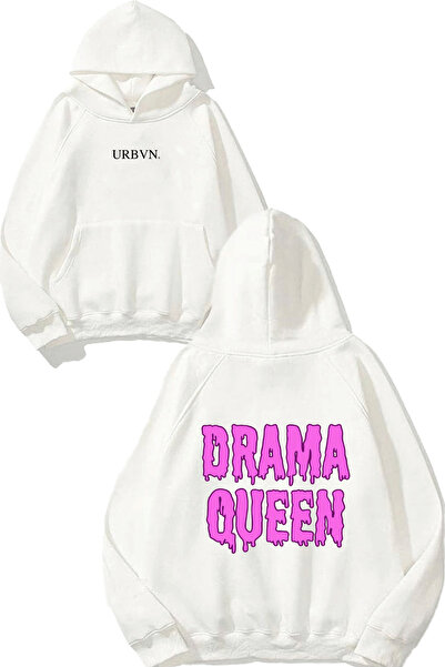 urbvn Drama Queen Pink Design Printed Oversized White Hooded Sweatshirt
