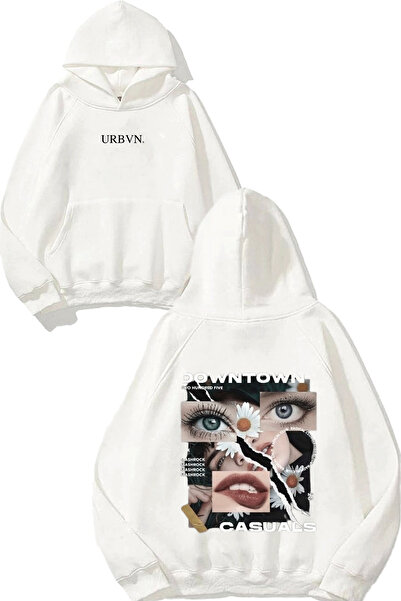 urbvn تصميم داون تاون كاجوالز مطبوع قصة فضفاضة سويت شيرت أبيض بغطاء رأس