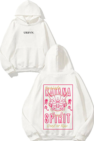 urbvn سترة كاتانا سبيريت ديزاين مطبوع قصة فضفاضة باللون الأبيض بغطاء رأس