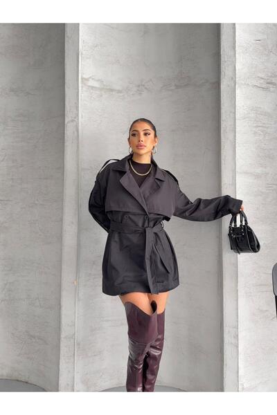 huhu Windbreaker Dedaylı Kuşaklı Oversized Trench Coat