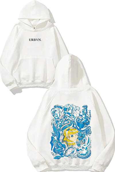 urbvn تصميم أليس مطبوع قصة فضفاضة سويت شيرت أبيض بغطاء رأس