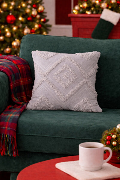 Halımax غطاء وسادة مزخرف باللون الرمادي منقوش من القطيفة السحابية، غطاء بتصميم كريمي قابل للغسل، مقاس 43 × 43 سم، قطعة واحدة