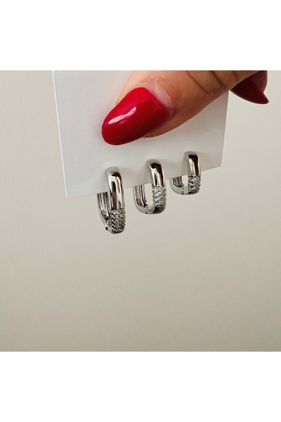 ACAR TAKI 3-Piece Stone Square Earring Set-Silver Color Acr7708