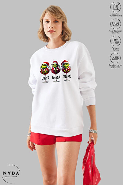 Nyda Collections Unisex Long Sleeve Drink-Drank-Drunk Printed Crew Neck Hoodless Fleece-Lined Oversized Sweatshirt