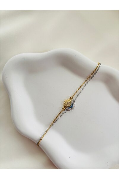 Home Kadın Ay Güneş Figürlü Çift Zincir Bileklik | Gold Gümüş Renk Taşlı Mini...