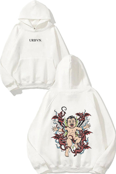 urbvn تصميم ديمون أنجل مطبوع قصة فضفاضة سويت شيرت أبيض بغطاء رأس