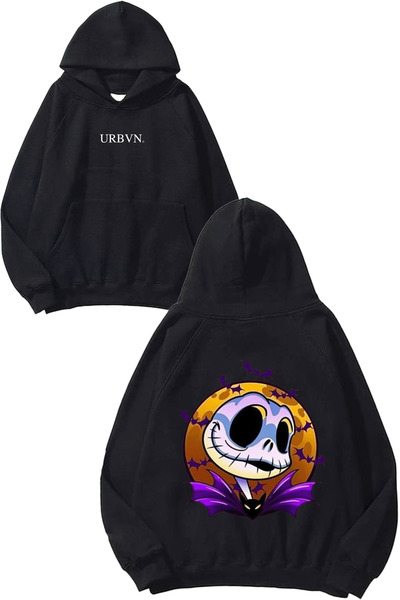 urbvn Tim Burton Design Printed Oversized Black Hooded Sweatshirt