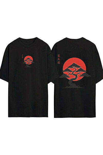 urbvn Tricou oversize negru cu imprimeu design Japan tree 1