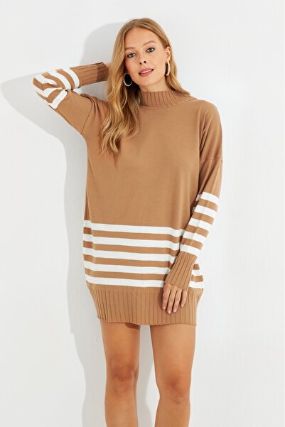 Be Best Women's Camel Knitwear Striped Tunic Be275